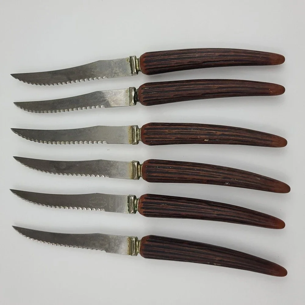 6 Vtg Regal Crest Steak Knives Sheffield England Stag Type Handles Stainless